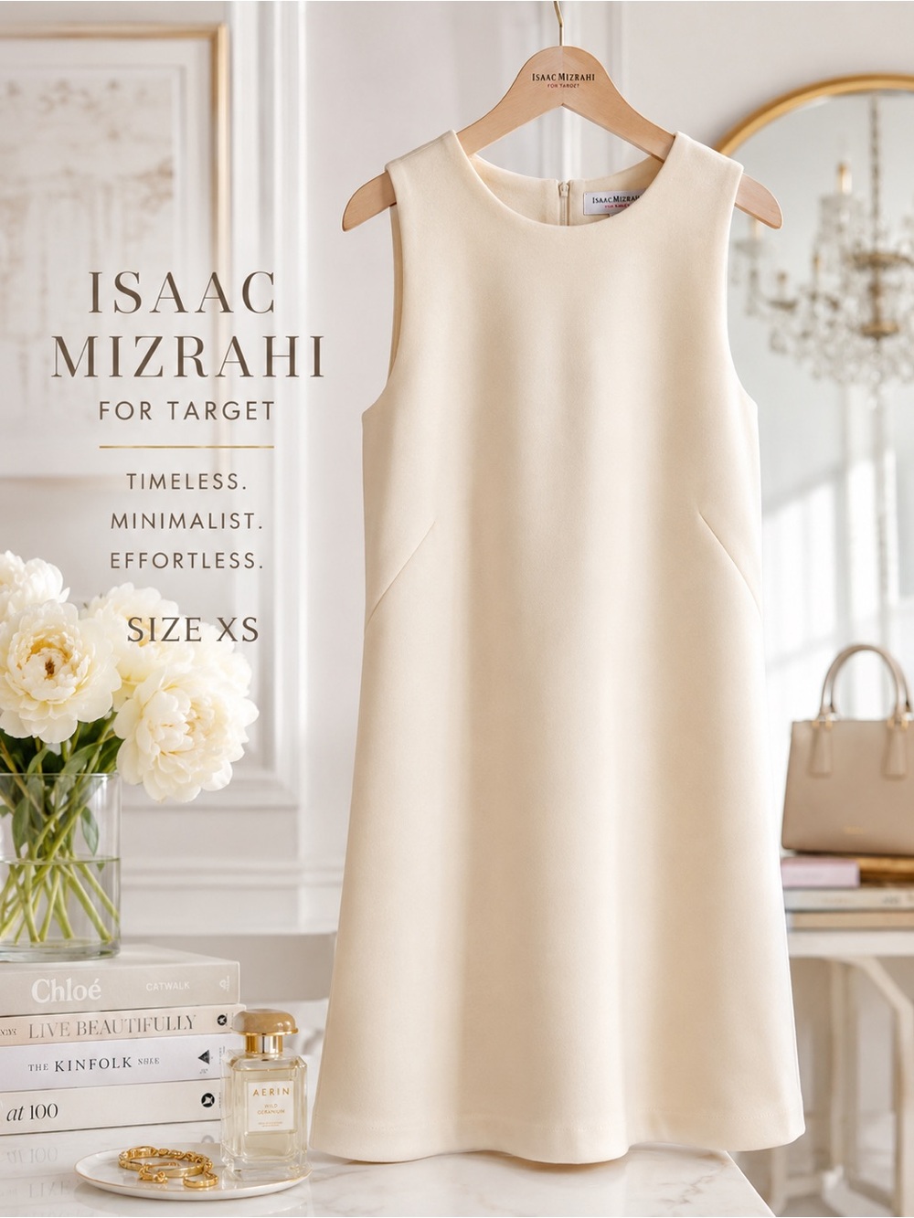 Isaac Mizrahi Cream Shift Dress XS Sleeveless Minimalist Mod Understated Brunch